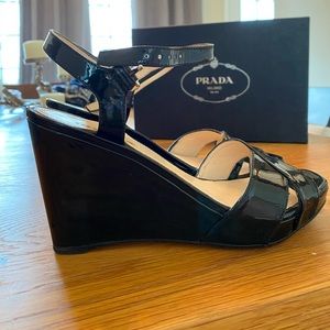 Authentic Black Patent Prada Wedge Sandal